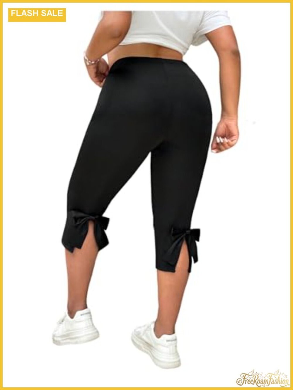 Plus Size Bow High Waist Capri Leggings Yoga Pants Stretchy Split Hem